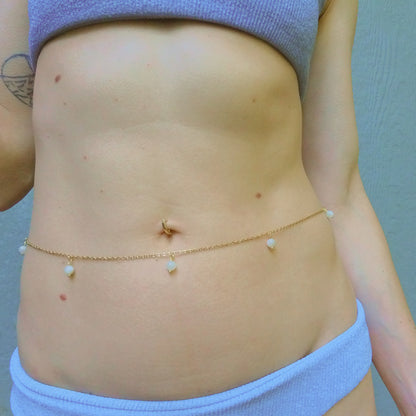 Dainty Belly Chain Beaded with Pearls or Moonstone / Waist Chain Jewelry - Waterproof Body Chain