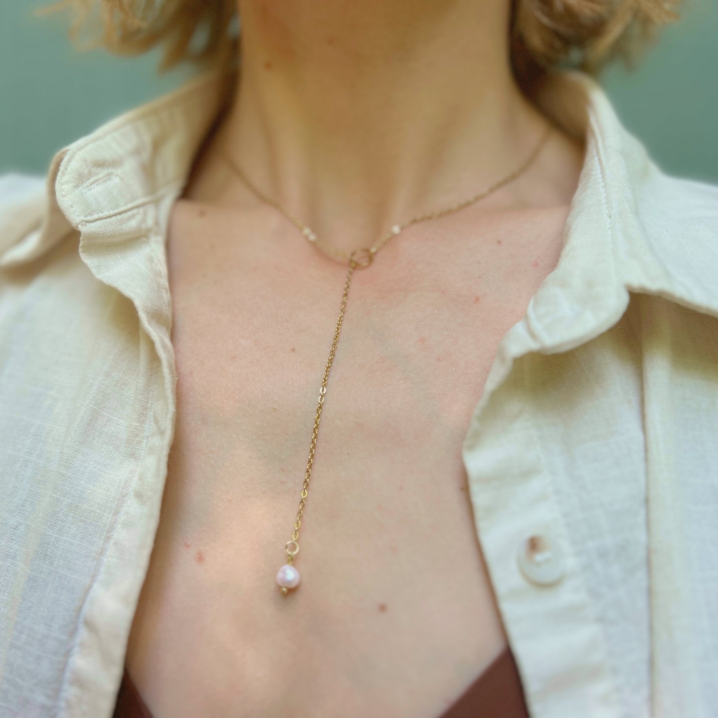 Minimalist Pearl Lariat Necklace / Discreet Day Collar / Y Necklace - Submissive Jewelry