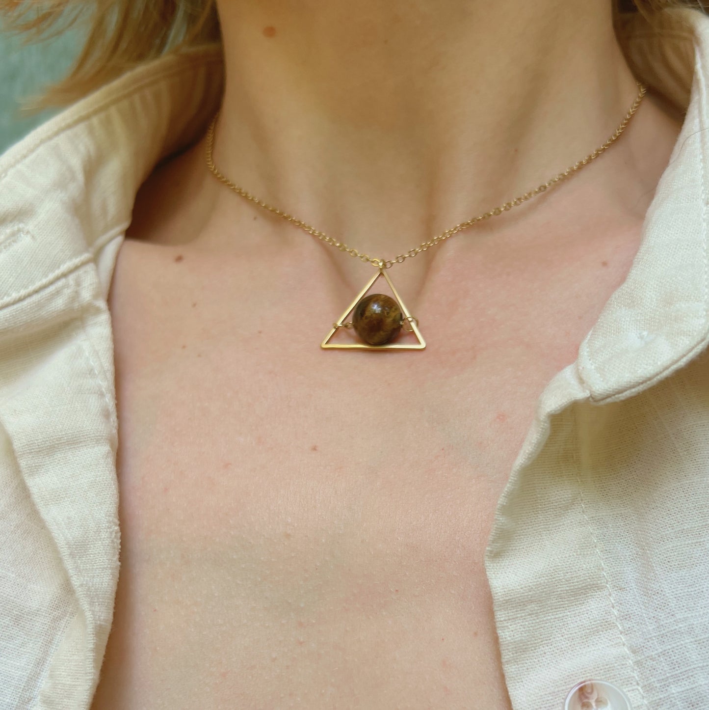 Minimalist Tigers Eye Choker /  Triangle O Ring Choker Necklace - Gemstone Jewelry