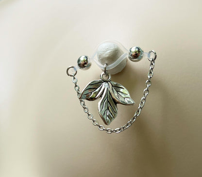 Leaf Charm Nipple Rings - Barbell Fake Nipple Piercings / Non Piercing Nipple Jewelry