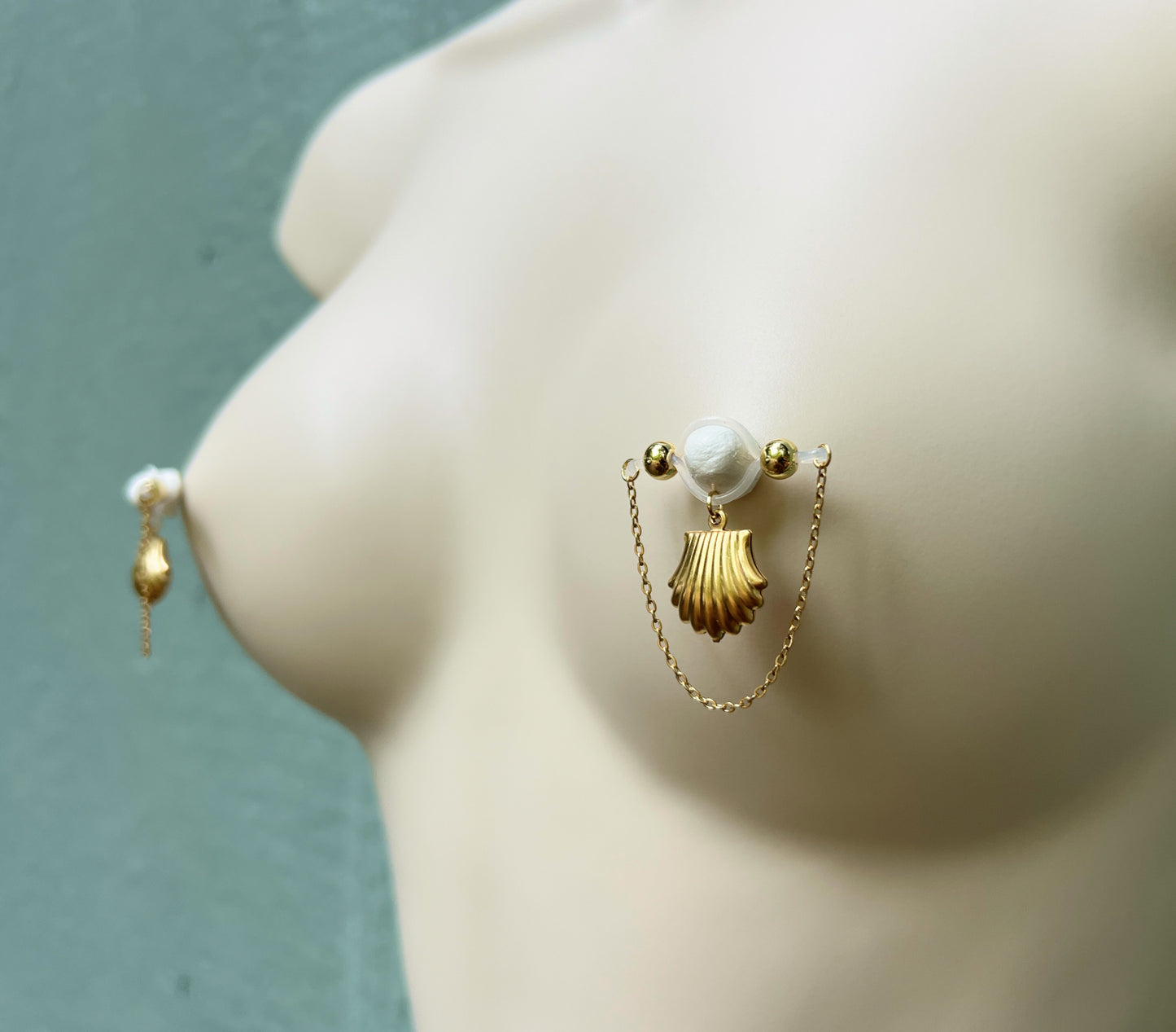 Shell Fake Nipple Piercing - Barbell Nipple Chain Piercings / Non Piercing Nipple Jewelry