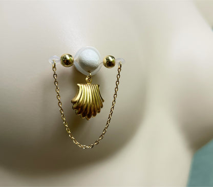 Shell Fake Nipple Piercing - Barbell Nipple Chain Piercings / Non Piercing Nipple Jewelry