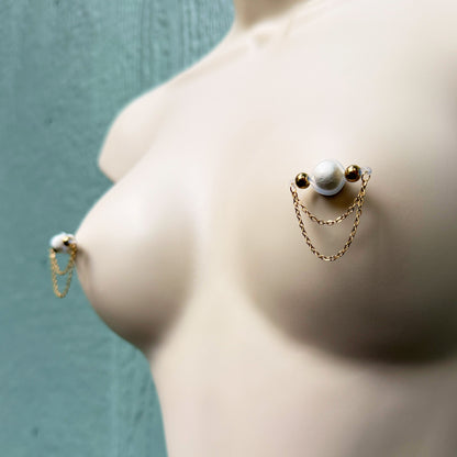 Gold Chain Classic - Barbell Nipple Rings / Faux Nipple Piercing / Nipple Chain Piercing