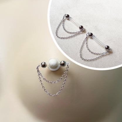 Silver Barbell Nipple Chain Piercing - Fake Nipple Piercing / Clip On Nipple Rings