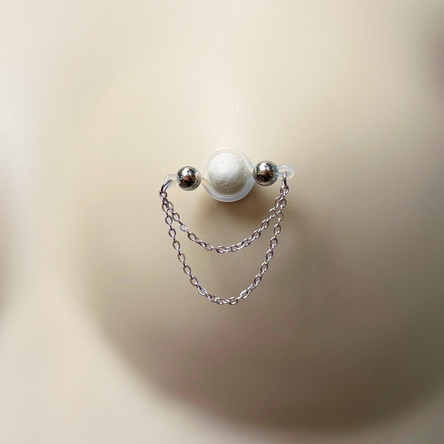 Silver Barbell Nipple Chain Piercing - Fake Nipple Piercing / Clip On Nipple Rings