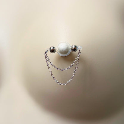 Silver Barbell Nipple Chain Piercing - Fake Nipple Piercing / Clip On Nipple Rings