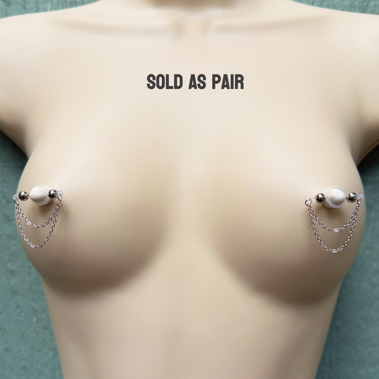 Silver Barbell Nipple Chain Piercing - Fake Nipple Piercing / Clip On Nipple Rings