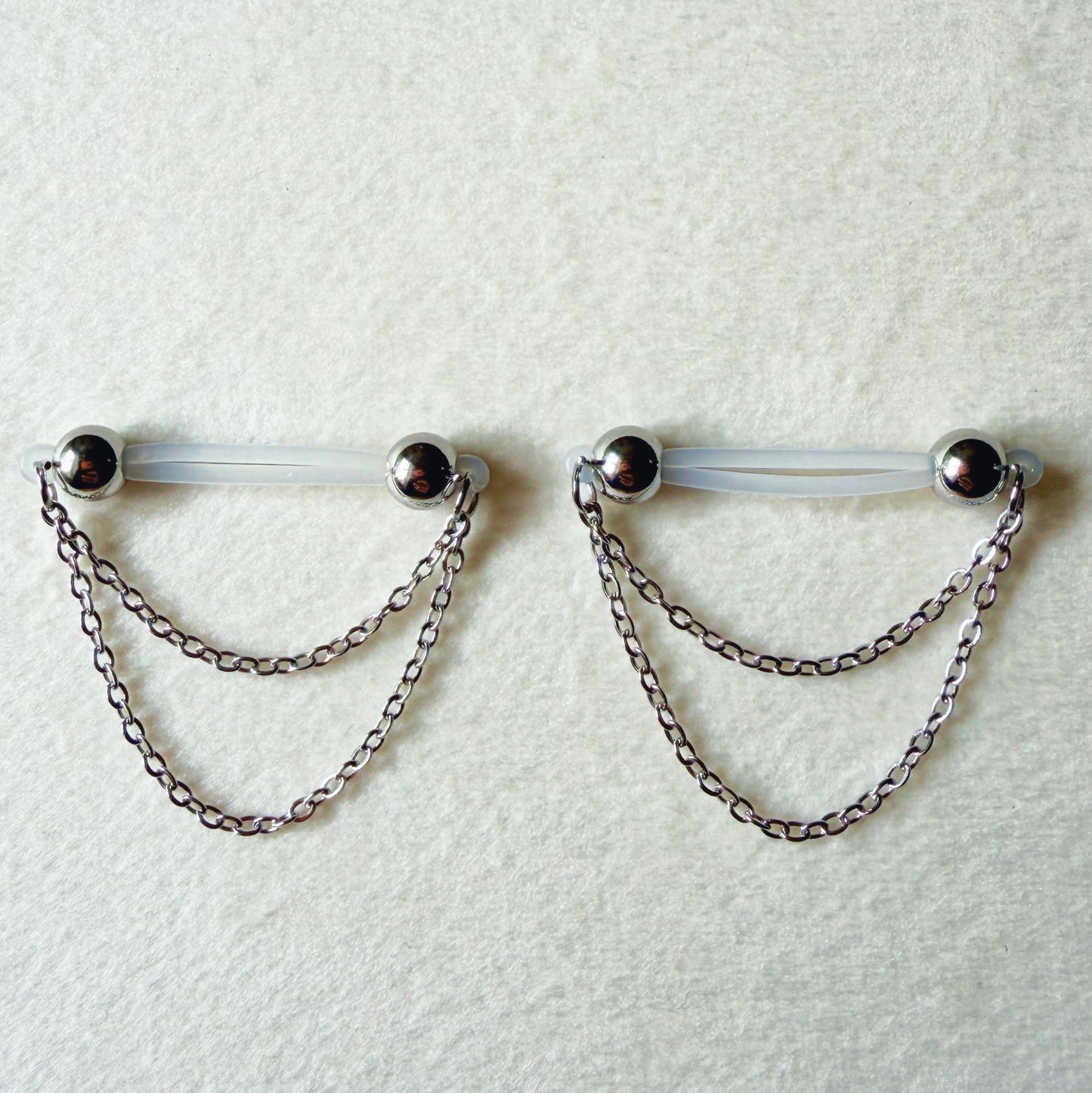 Silver Barbell Nipple Chain Piercing - Fake Nipple Piercing / Clip On Nipple Rings