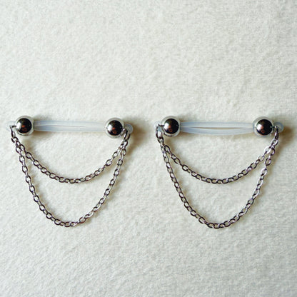 Silver Barbell Nipple Chain Piercing - Fake Nipple Piercing / Clip On Nipple Rings