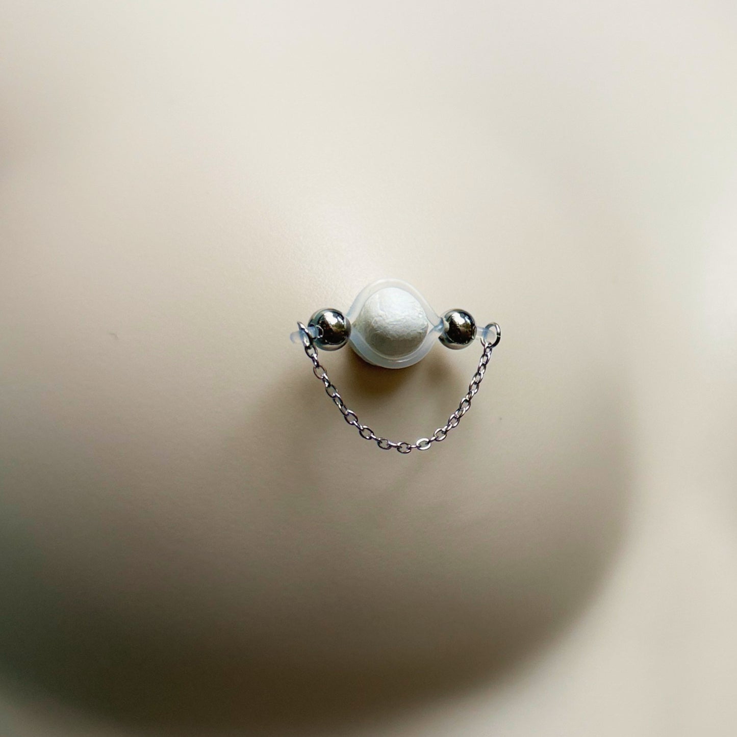 Silver Barbell Nipple Chain Piercing - Fake Nipple Piercing / Clip On Nipple Rings