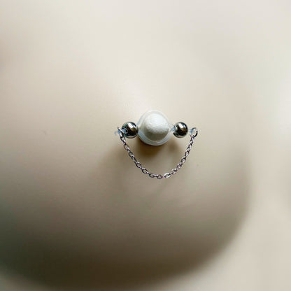Silver Barbell Nipple Chain Piercing - Fake Nipple Piercing / Clip On Nipple Rings