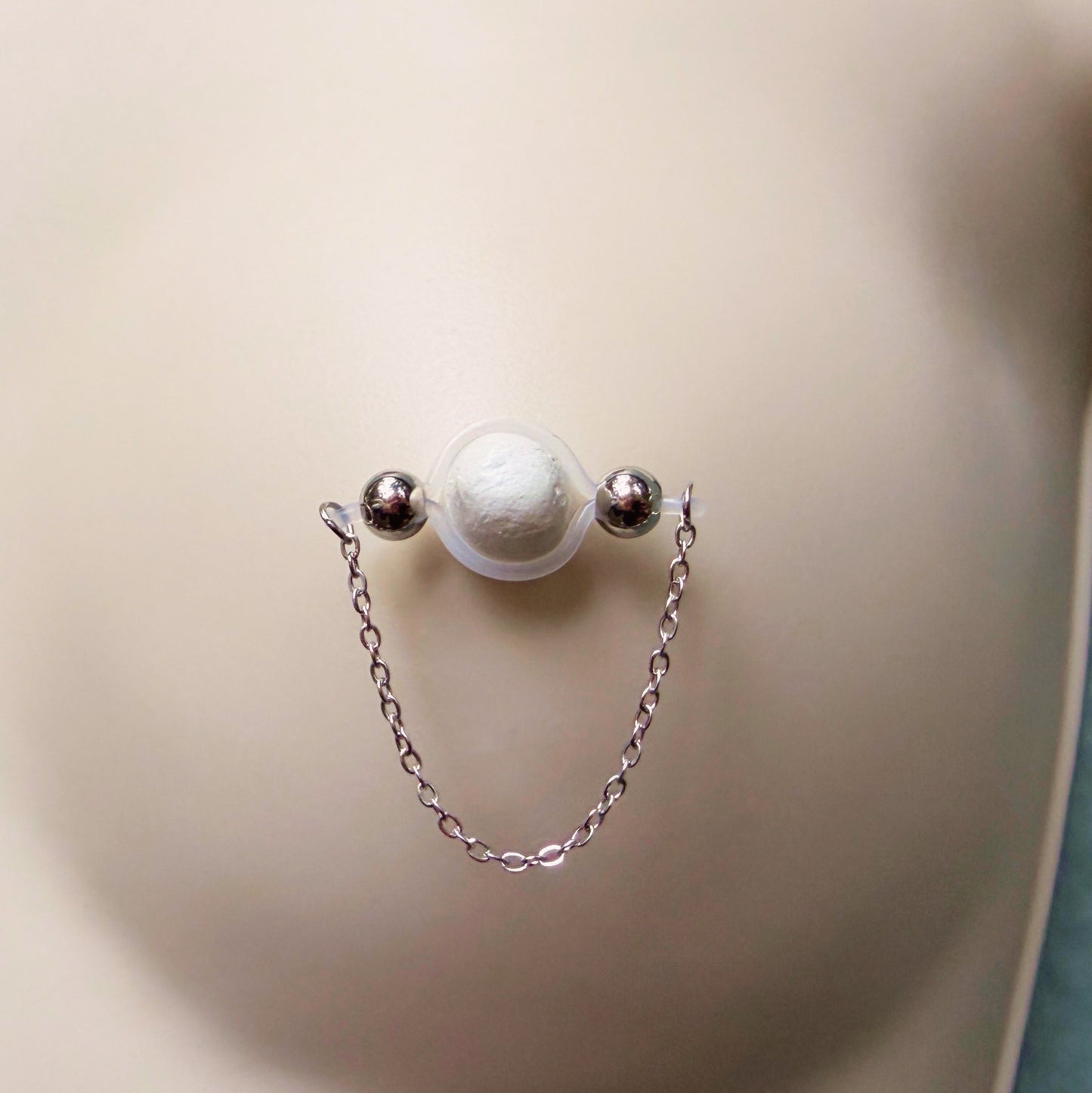 Silver Barbell Nipple Chain Piercing - Fake Nipple Piercing / Clip On Nipple Rings