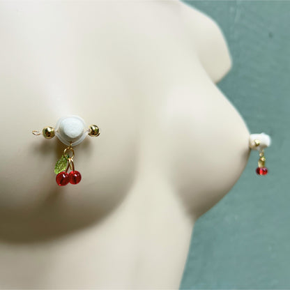 Dainty Cherry Charm Fake Nipple Piercing - Barbell Nipple Rings / Non Piercing Nipple Jewelry