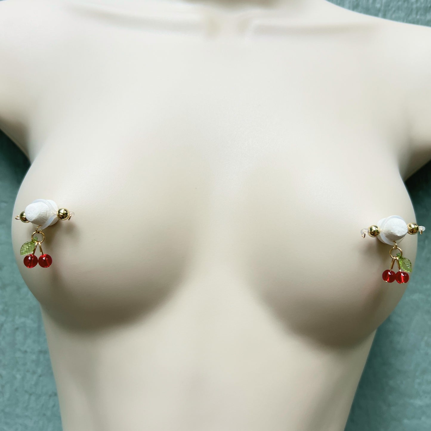 Dainty Cherry Charm Fake Nipple Piercing - Barbell Nipple Rings / Non Piercing Nipple Jewelry
