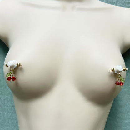 Dainty Cherry Charm Fake Nipple Piercing - Barbell Nipple Rings / Non Piercing Nipple Jewelry