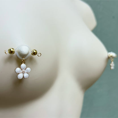 Dainty Flower Charm Nipple Rings - Barbell Fake Nipple Piercings / Non Piercing Nipple Jewelry