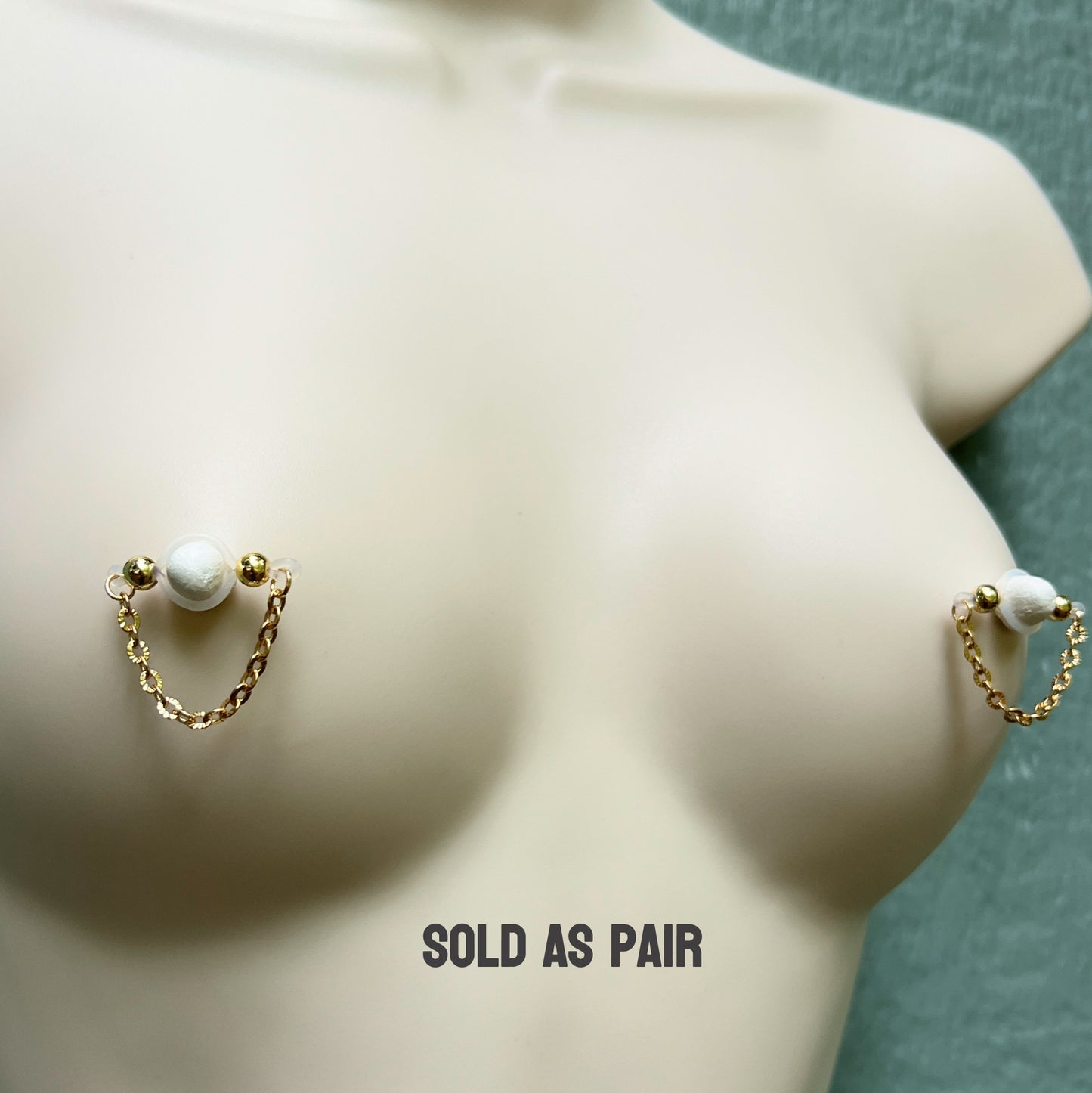 Golden Fake Nipple Piercing with Sparkly Chain - Barbell Nipple Rings / Non Piercing Nipple Jewelry
