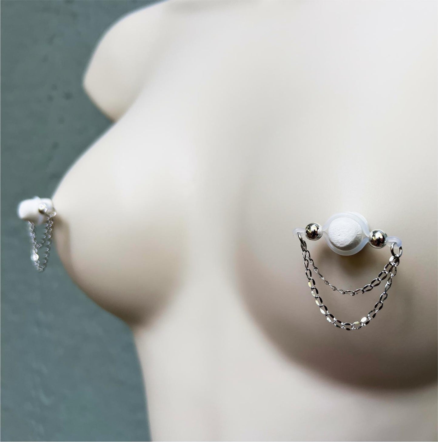 Silver Barbell Nipple Chain Piercing - Fake Nipple Piercing / Clip On Nipple Rings