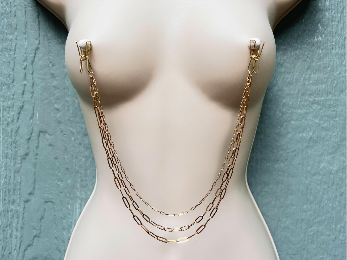 dainty gold nipple clamps with nipple chains, triple nipple chain, paperclip chain breast harness