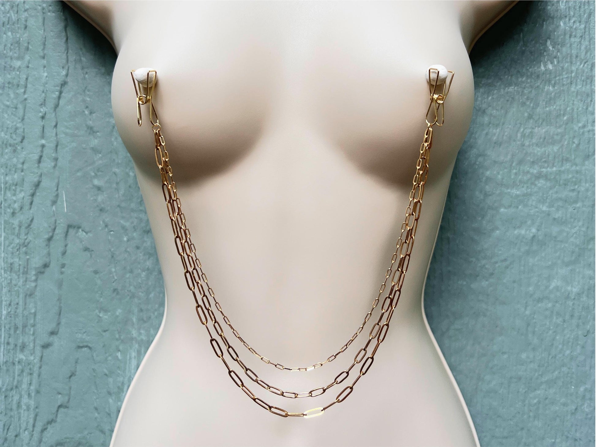 dainty gold nipple clamps with nipple chains, triple nipple chain, paperclip chain breast harness