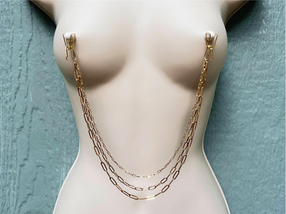 dainty gold nipple clamps with nipple chains, triple nipple chain, paperclip chain breast harness