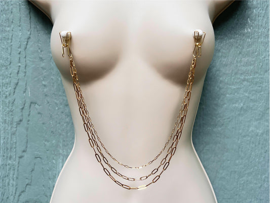 dainty gold nipple clamps with nipple chains, triple nipple chain, paperclip chain breast harness