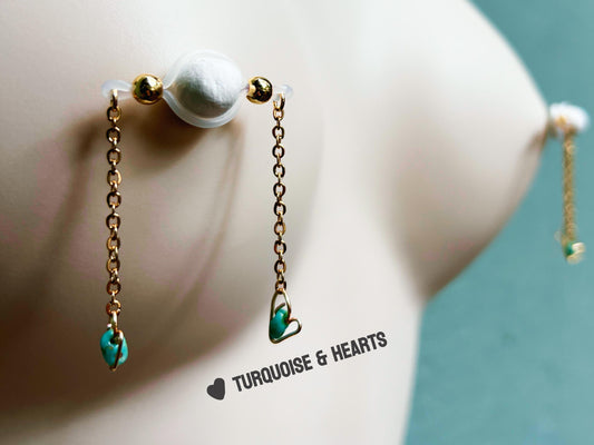 faux nipple piercing with gold beads, barbell non piercing nipple jewelry with chains hearts filled with a turquoise bead