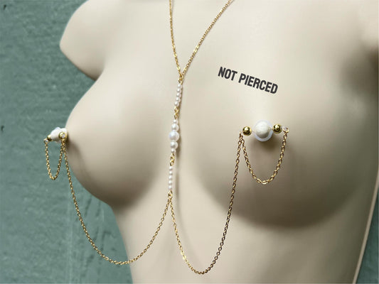 body chain and pearl nipple jewelry, fake nipple piercing with gold barbells, choker body chain and pearls