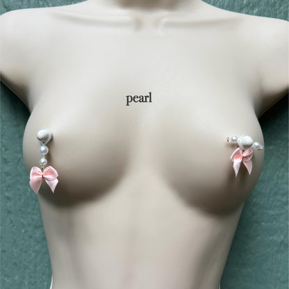 Cute Pink Bow - Barbell Nipple Rings / Faux Nipple Piercing