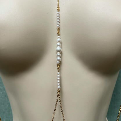 Pearl Choker Necklace to Faux Nipple Piercing or Nipple Clamp - Body Chain Jewelry / Bra Chain