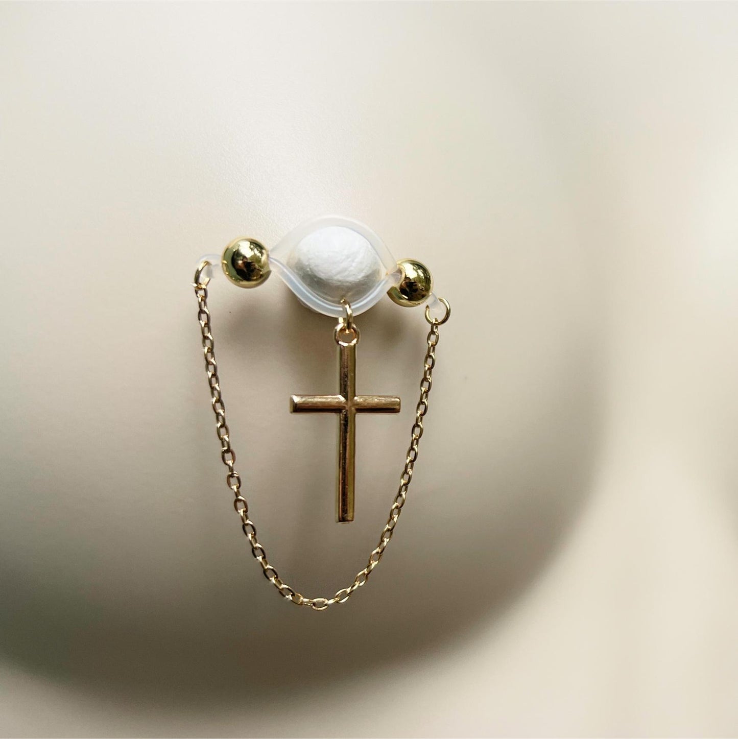 Chain & Cross Barbell Nipple Rings - Nipple Chain Piercings / Christian Non Piercing Nipple Jewelry