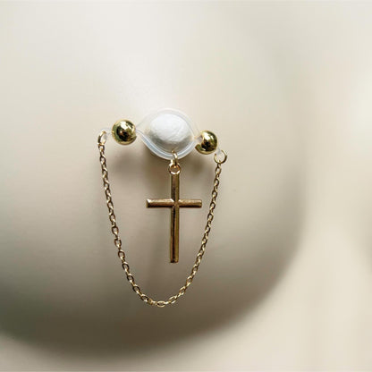Chain & Cross Barbell Nipple Rings - Nipple Chain Piercings / Christian Non Piercing Nipple Jewelry