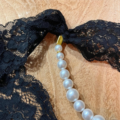 Black Lace Pearl Panties with Bow - Crotchless Panties / Pearl Thong Lingerie