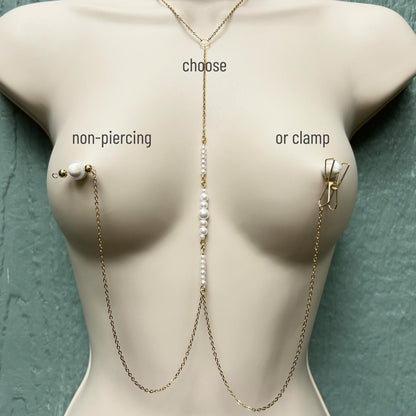 Pearl Choker Necklace to Faux Nipple Piercing or Nipple Clamp - Body Chain Jewelry / Bra Chain