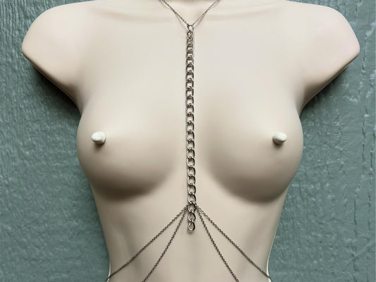 silver body chain with chunky chain in center, breast harness stainless steel