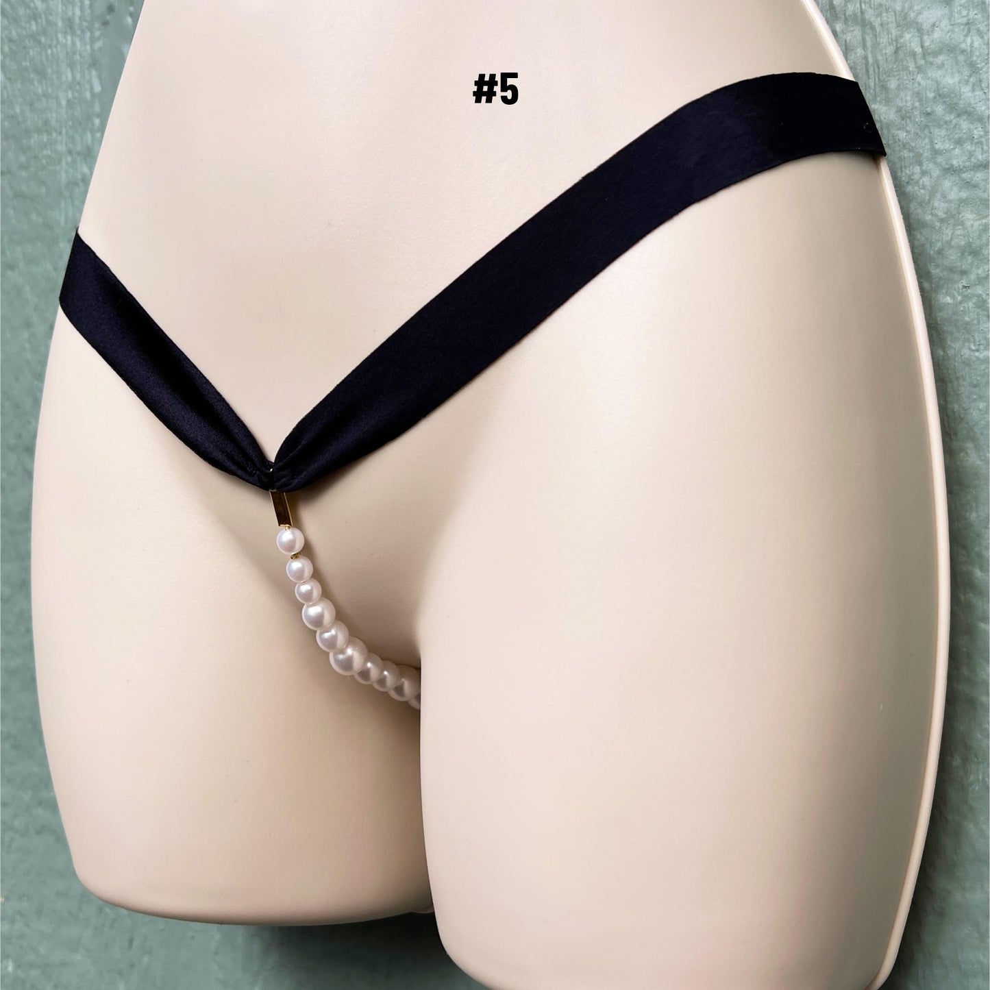 Black Lace Pearl Panties with Bow - Crotchless Panties / Pearl Thong Lingerie