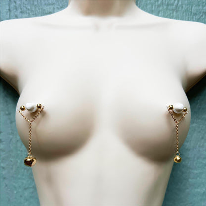 Golden Jingle Bell Non Piercing Nipple Jewelry - Barbell Nipple Rings / Faux Nipple Piercing