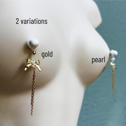 Gold Bow & Chain Dangle - Faux Nipple Piercing / Non Piercing Nipple Jewelry