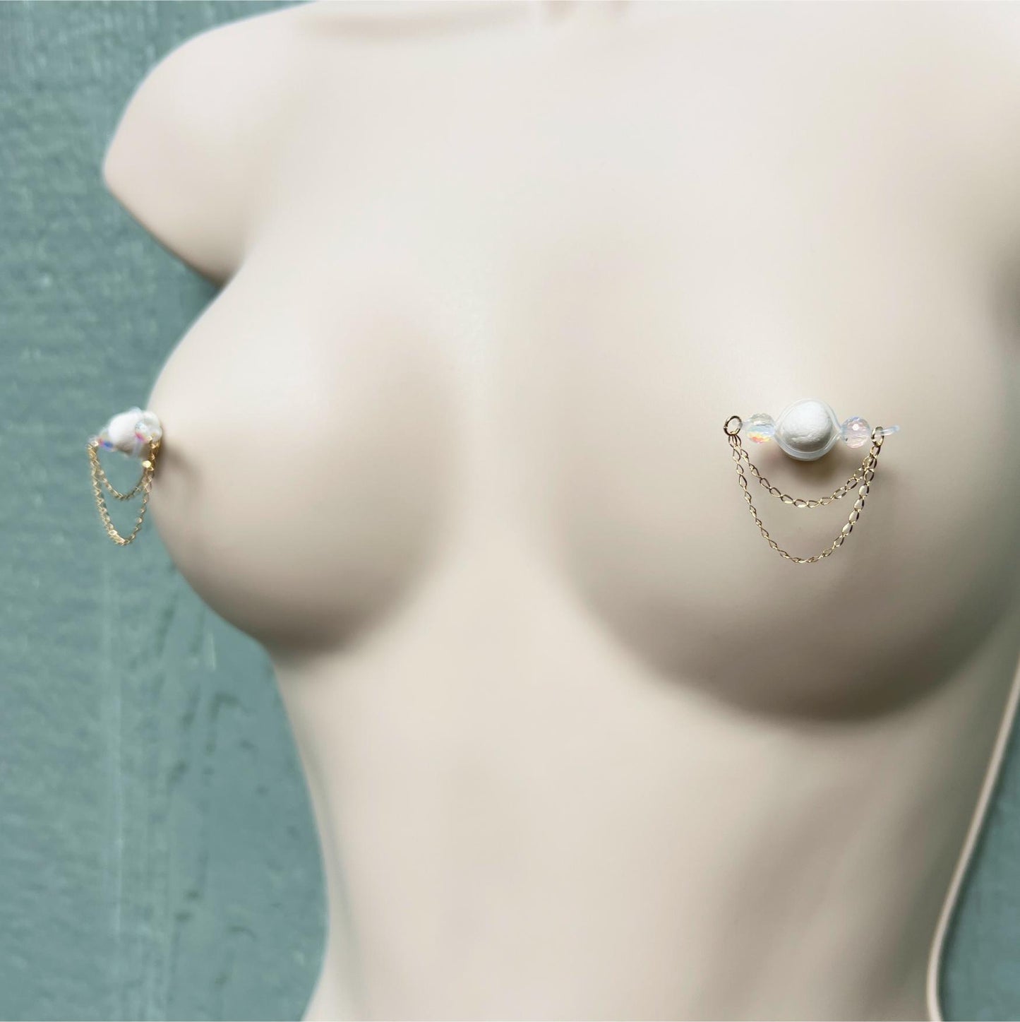 Sparkly Beads & Dainty Chains - Barbell Nipple Rings / Faux Nipple Piercing
