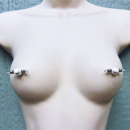 Silver Barbell with Rhinestone Roundel - Barbell Nipple Rings / Faux Nipple Piercing Body Jewelry