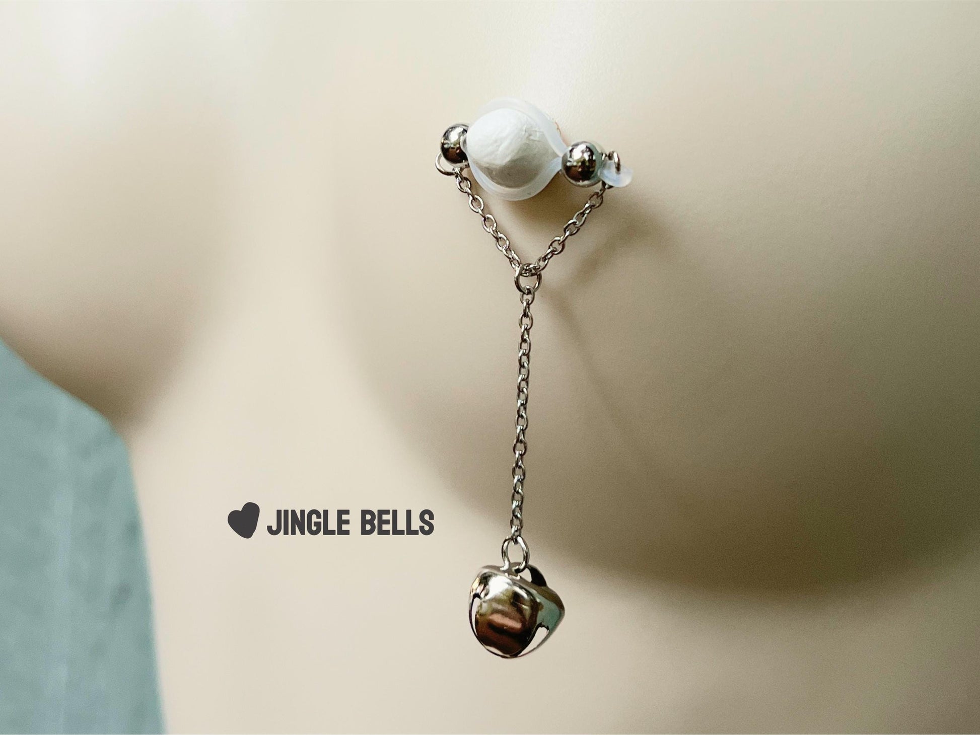 barbell style nipple piercing with jingle bell, silver nipple jewelry with bell
