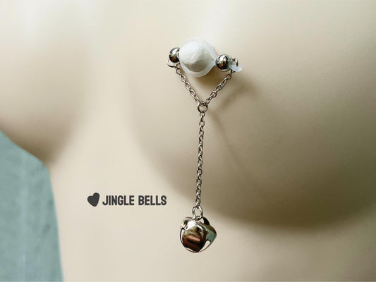 barbell style nipple piercing with jingle bell, silver nipple jewelry with bell
