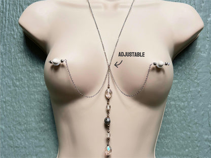 silver vintage body jewelry, cleavage jewelry, silver body chain with vintage beads and fake nipple piercing, barbell nipple non piercing, silver nipple jewelry with body chain