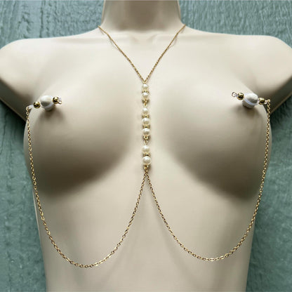 Ivory Pearl Body Chain to Faux Nipple Non Piercing / Chain Bra Jewelry / Non Piercing Nipple Jewelry