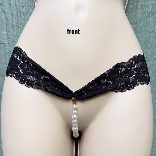 Black Lace Pearl Panties with Bow - Crotchless Panties / Pearl Thong Lingerie