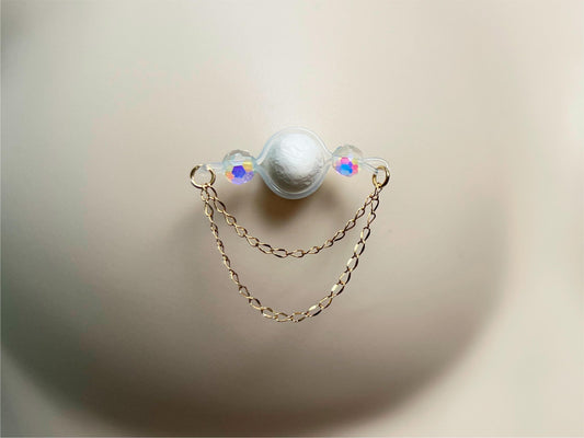 sparkly glass bead nipple jewelry, fake nipple piercing with faceted glass barbell and dainty gold chain