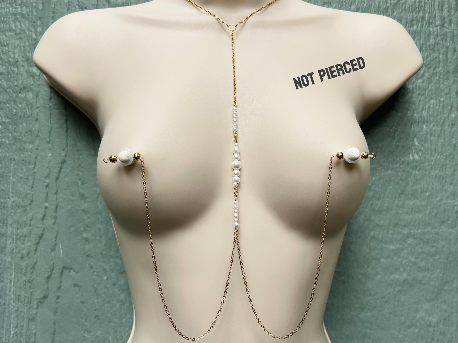 Choker Body Chain with Pearls and Nipple Piercing, Fake Barbell Nipple Piercing Pearl Body Chain, Barbell Nipple Jewelry with Chain Bra