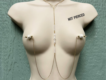 Choker Body Chain with Pearls and Nipple Piercing, Fake Barbell Nipple Piercing Pearl Body Chain, Barbell Nipple Jewelry with Chain Bra