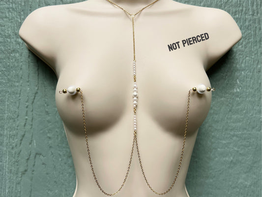 Choker Body Chain with Pearls and Nipple Piercing, Fake Barbell Nipple Piercing Pearl Body Chain, Barbell Nipple Jewelry with Chain Bra