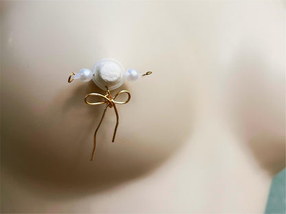 Fake nipple piercing barbell style with bow made of wire, barbell nipple jewelry with bow